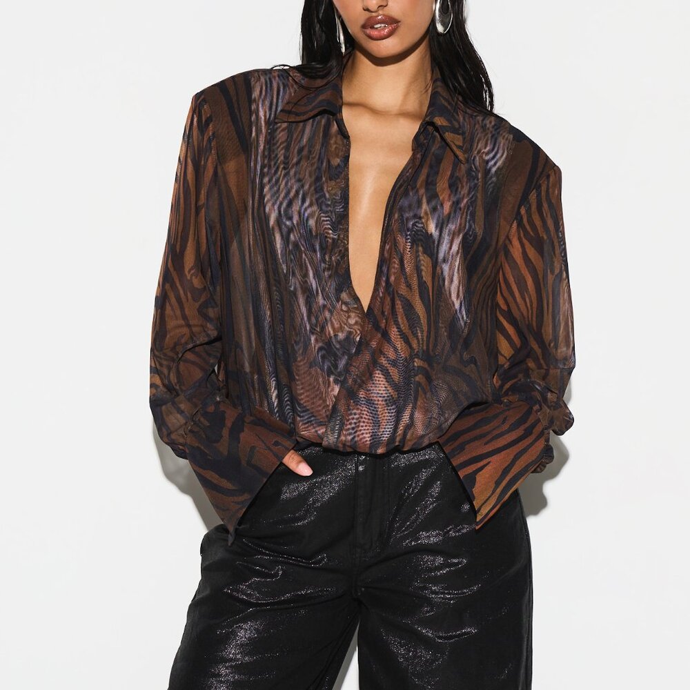 Coffee Brown Sexy Women's Long Sleeve Deep V-Neck Tiger Print Mesh Bodysuit